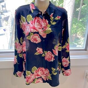 Equipment Femme, Navy Blue Floral Silk Blouse, Size XS